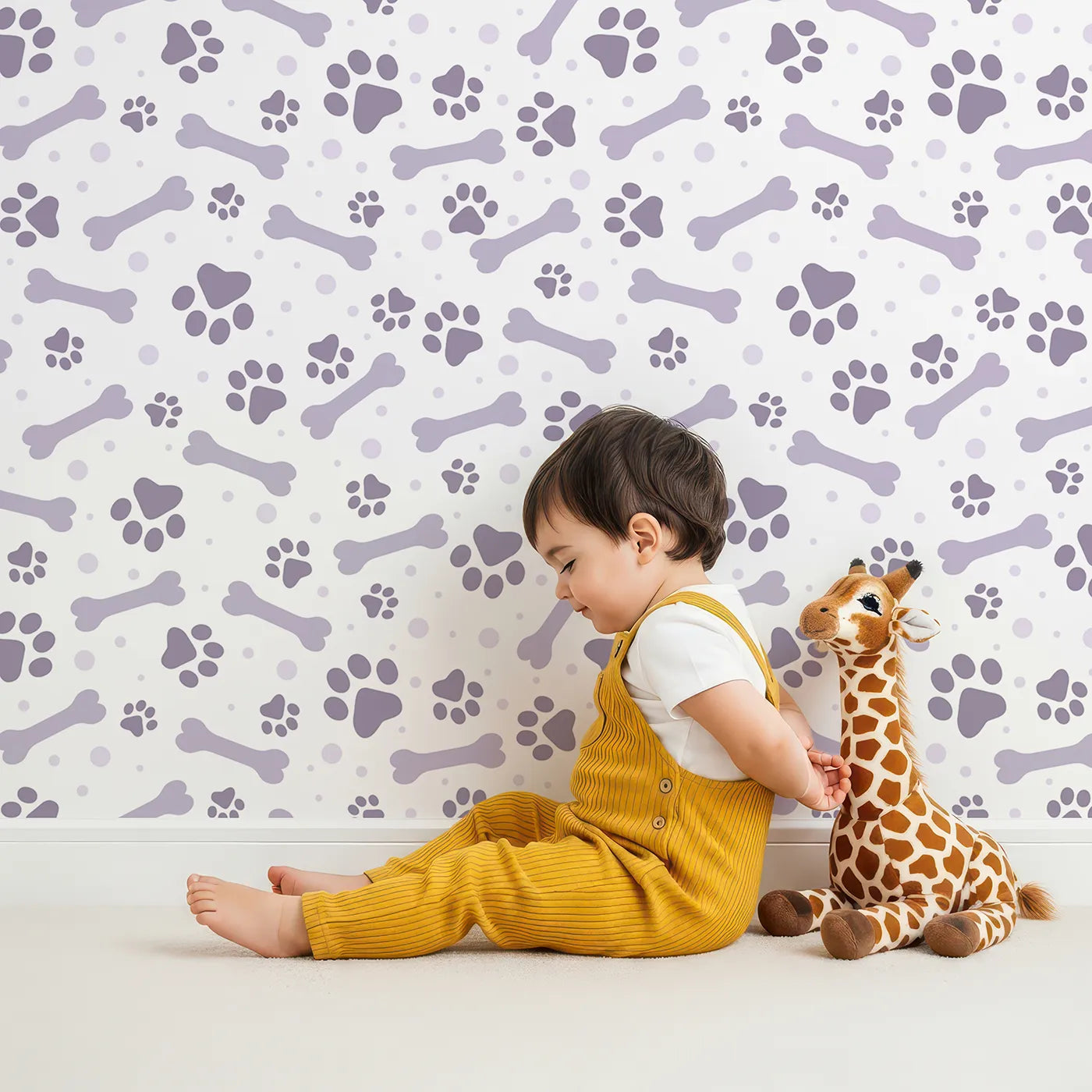 Lovely child standing in front of Whimsy Tots Puppy Paw Parade Wallpaper in Purple with paw, bone, dot in design.