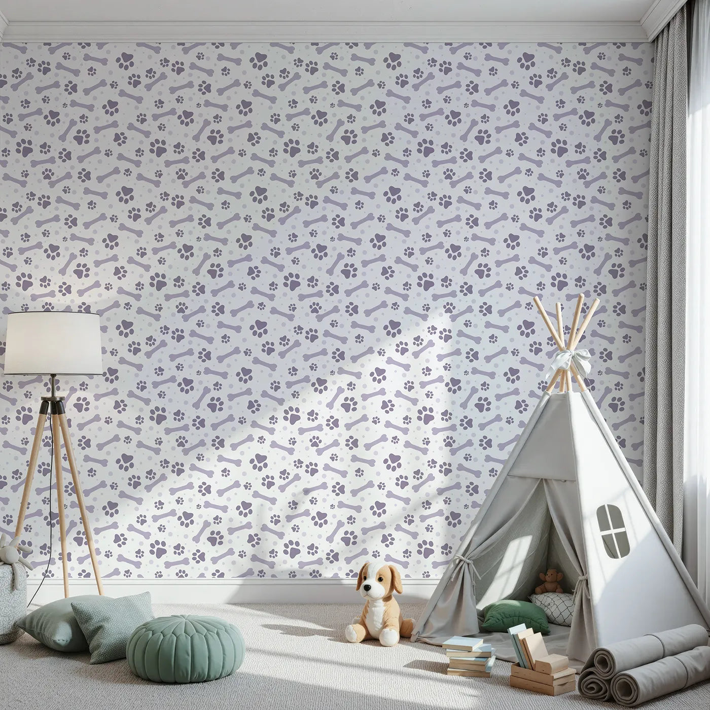 Front view of Whimsy Tots' Puppy Paw Parade Wallpaper in Purple