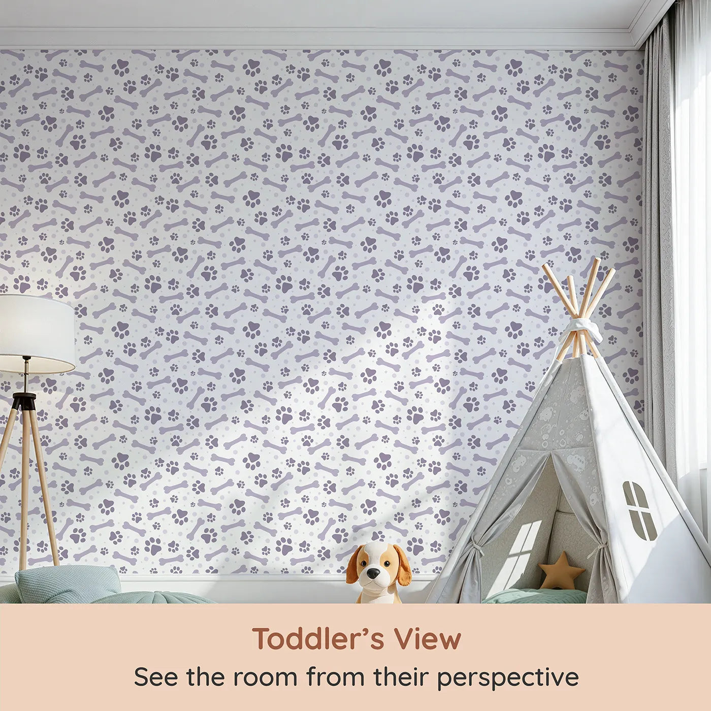 Whimsy Tots Puppy Paw Parade Wallpaper in Purple (W3462E) from your child's view.Lavender paws and bones tumble gently across a clean white canvas.