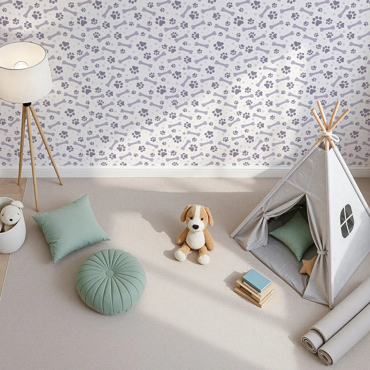 Top-Down view of Whimsy Tots' Puppy Paw Parade Wallpaper in Purple (W3462E).Lavender paws and bones tumble gently across a clean white canvas.