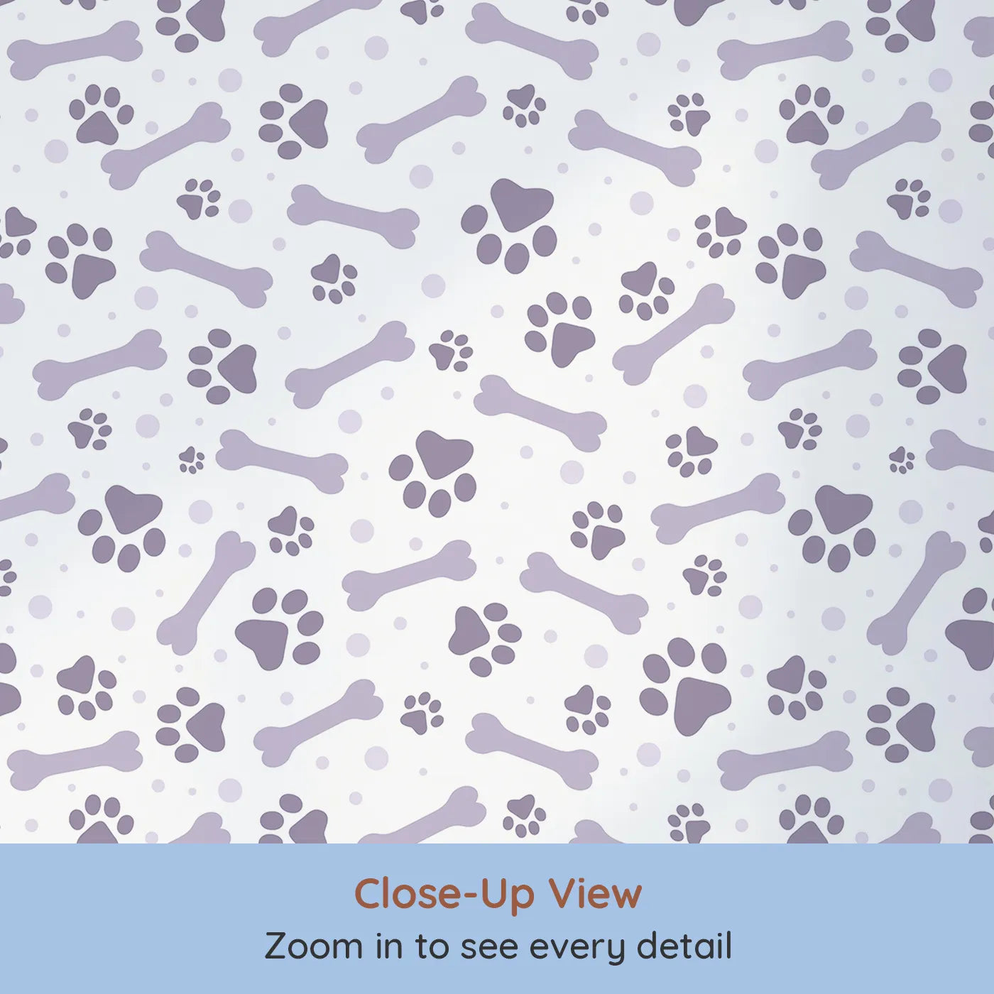 Close-up view of Whimsy Tots' Puppy Paw Parade Wallpaper in Purple (W3462E).Lavender paws and bones tumble gently across a clean white canvas.