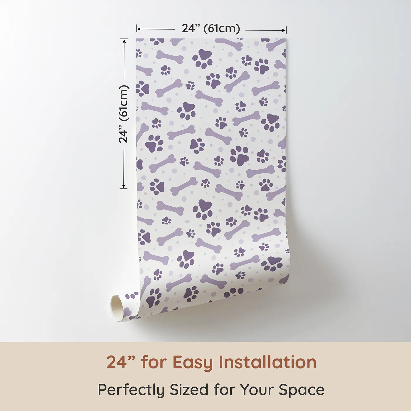 Dimension view of Whimsy Tots Puppy Paw Parade Wallpaper in Purple (W3462E). Printed in 24-inch-wide panel for easy installation. Lavender paws and bones tumble gently across a clean white canvas.
