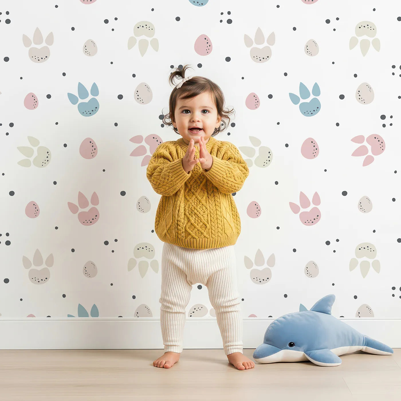 Lovely child standing in front of Whimsy Tots Colorful Paw Dots Wallpaper with paw, dot in design.
