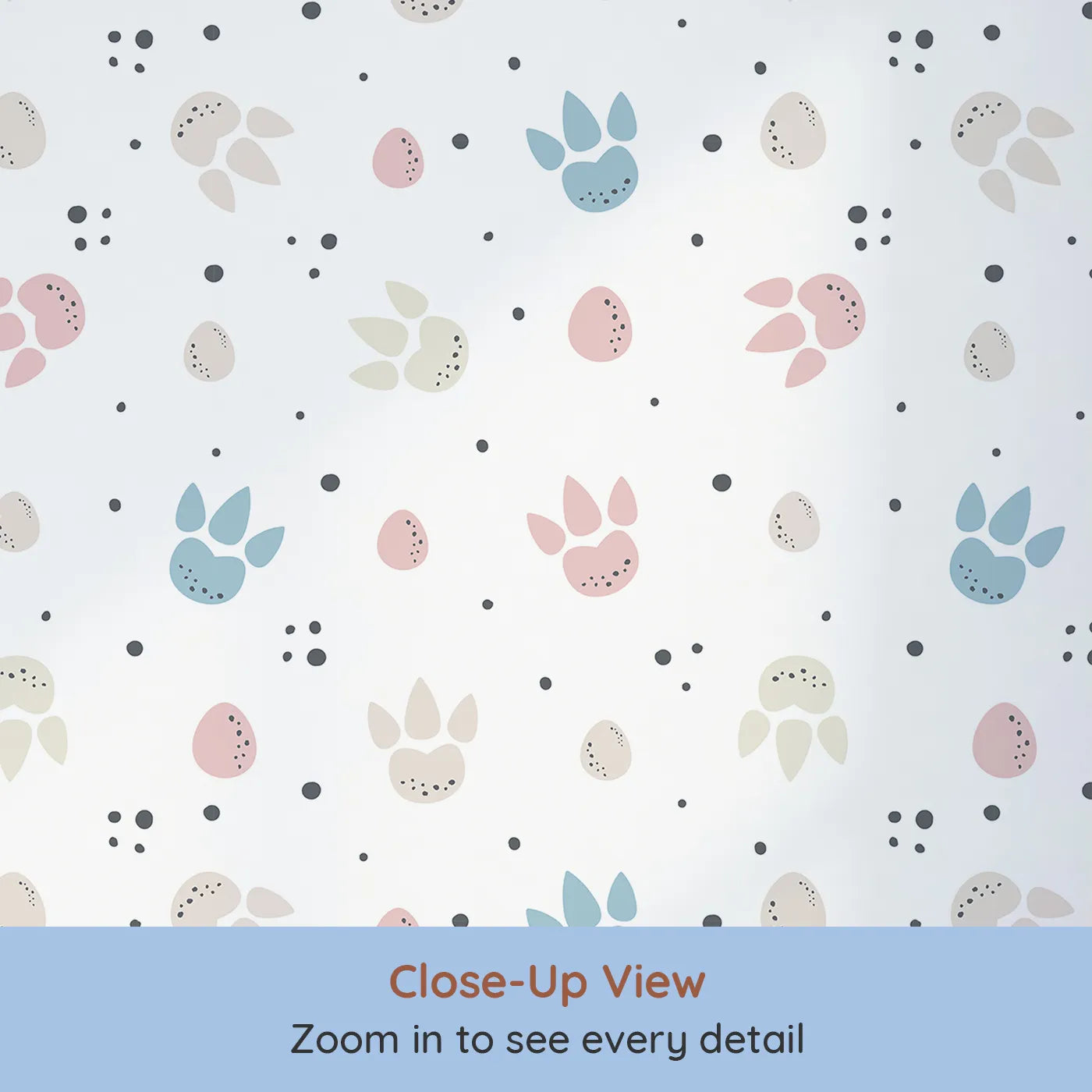 Close-up view of Whimsy Tots' Colorful Paw Dots Wallpaper (W3463).Blush, cream, blue, and gray paws dance across playful dotted skies.