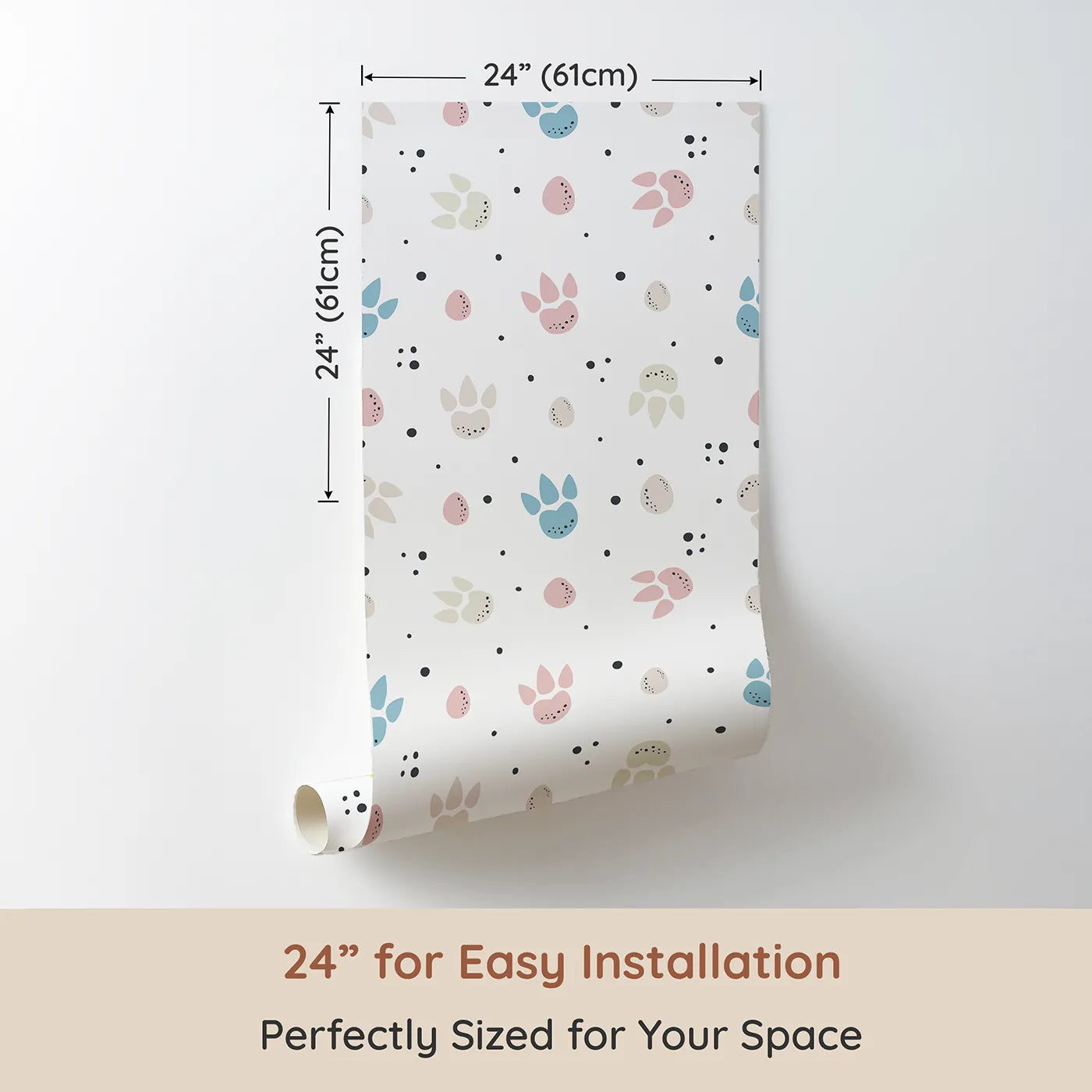 Dimension view of Whimsy Tots Colorful Paw Dots Wallpaper (W3463). Printed in 24-inch-wide panel for easy installation. Blush, cream, blue, and gray paws dance across playful dotted skies.