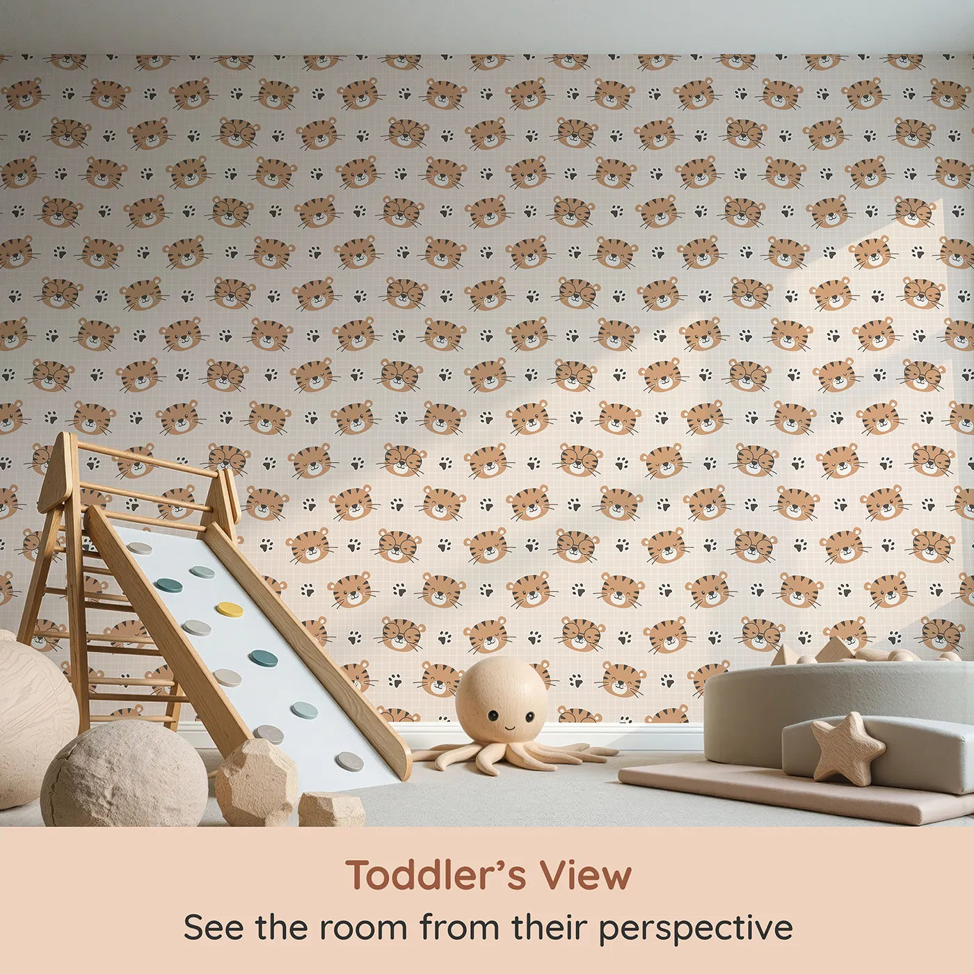 Whimsy Tots Tiger Grid Giggles Wallpaper in Blush Pink (W3465A) from your child's view.Smiling tiger faces play across a cozy grid of soft blush.