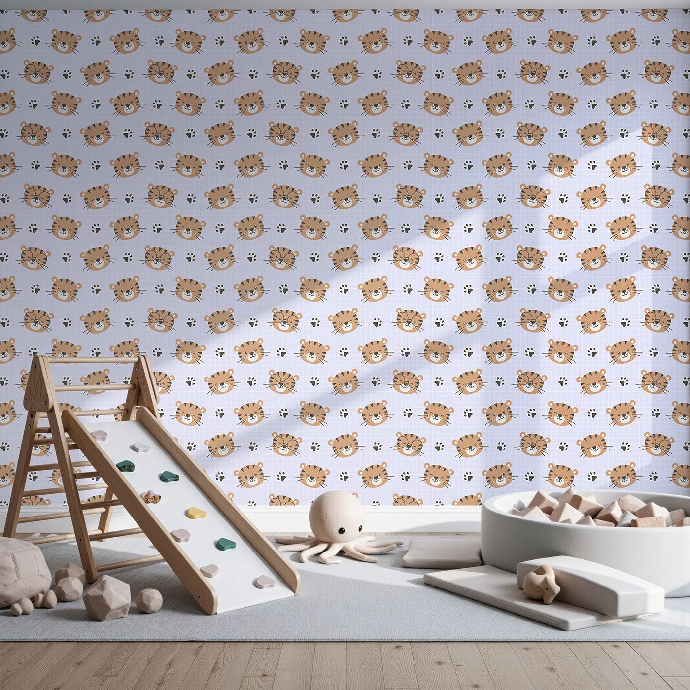 Front view of Whimsy Tots' Tiger Grid Giggles Wallpaper in Lilac Lavender