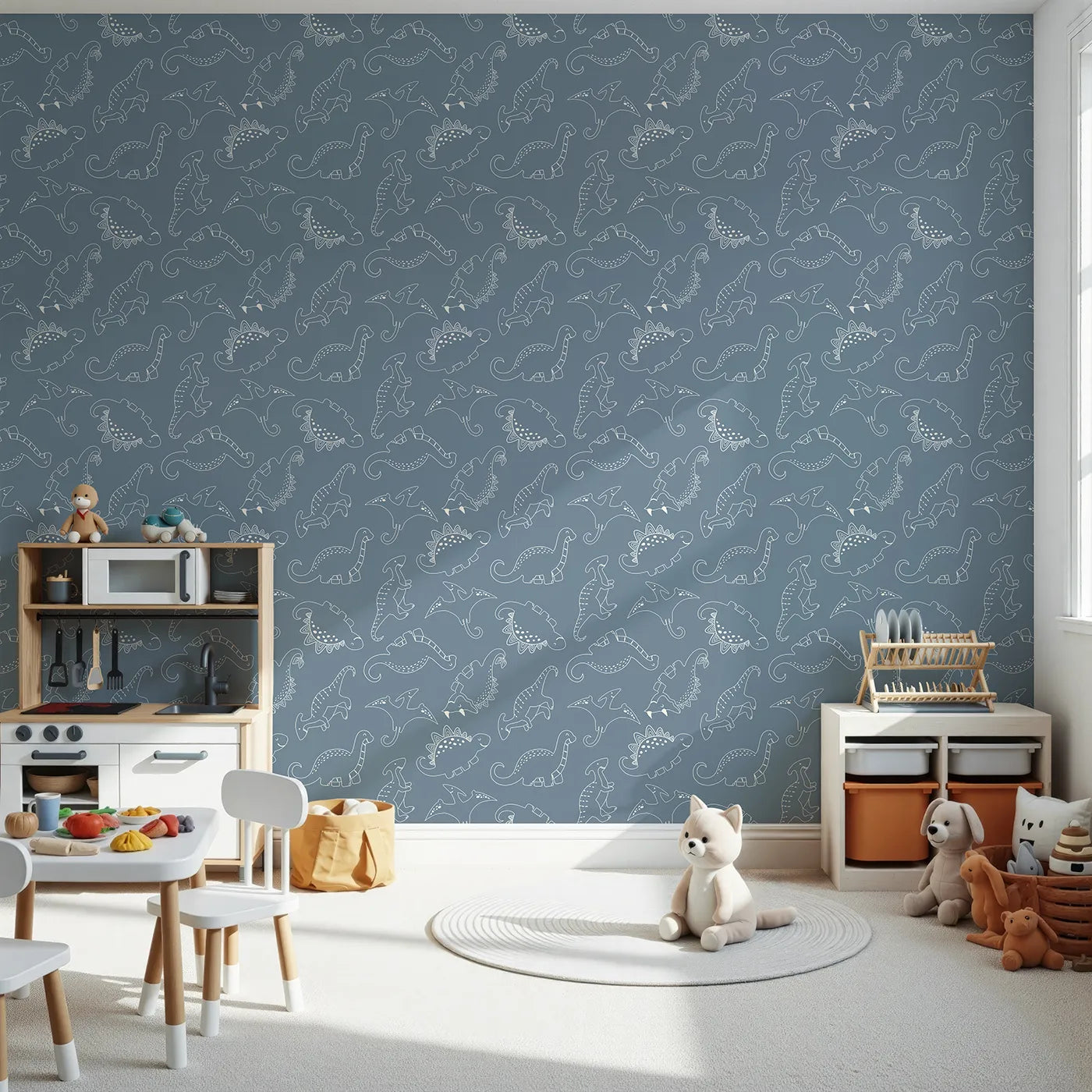 Front view of Whimsy Tots' Dino Scribble Parade Wallpaper in Denim