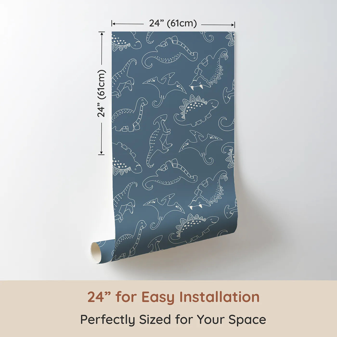 Dimension view of Whimsy Tots Dino Scribble Parade Wallpaper in Denim (W3466A). Printed in 24-inch-wide panel for easy installation. Happy dinos march playfully across a soft denim blue backdrop.