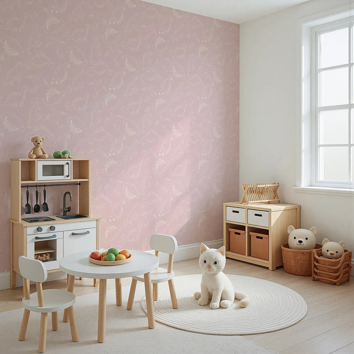 Angled view of Whimsy Tots' Dino Scribble Parade Wallpaper in Blush Pink (W3466B).Gentle dino sketches twirl across a soft blush pink sky.