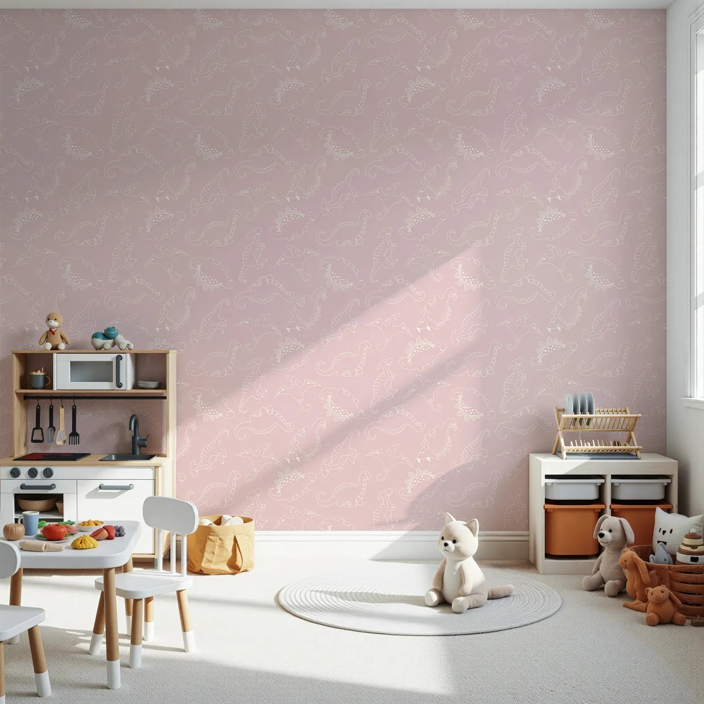Front view of Whimsy Tots' Dino Scribble Parade Wallpaper in Blush Pink