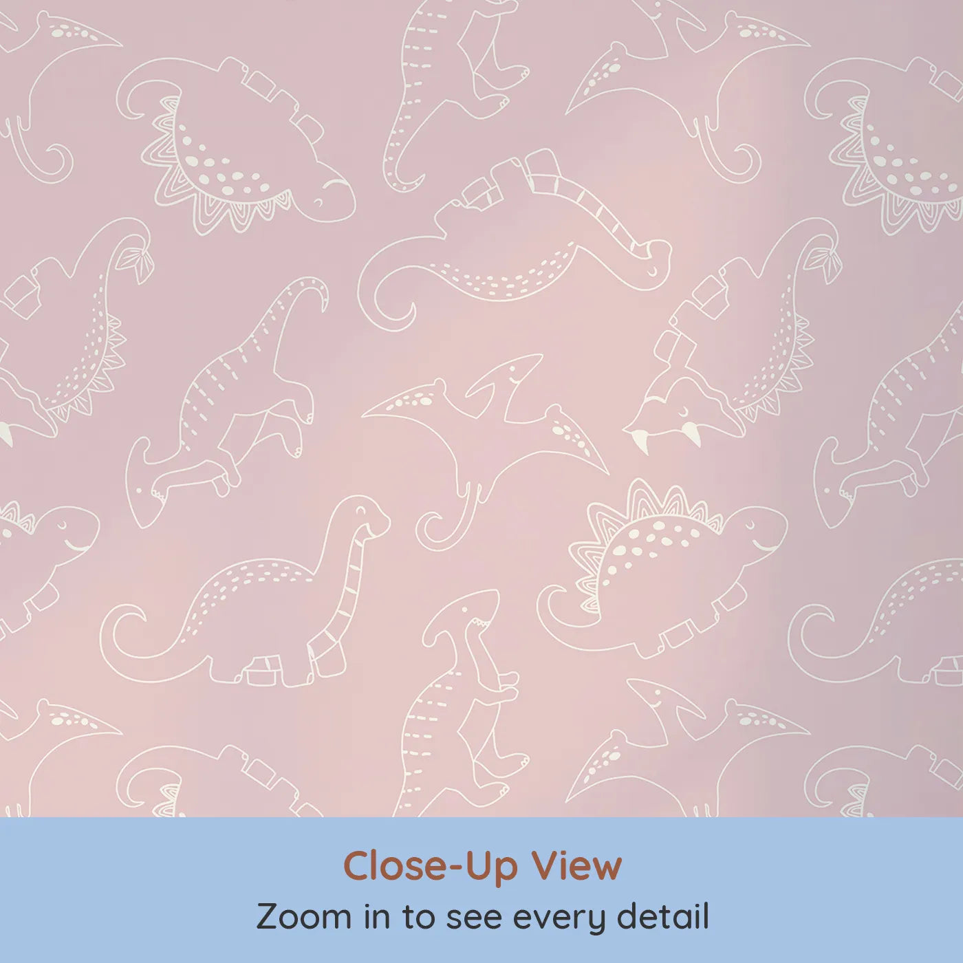 Close-up view of Whimsy Tots' Dino Scribble Parade Wallpaper in Blush Pink (W3466B).Gentle dino sketches twirl across a soft blush pink sky.