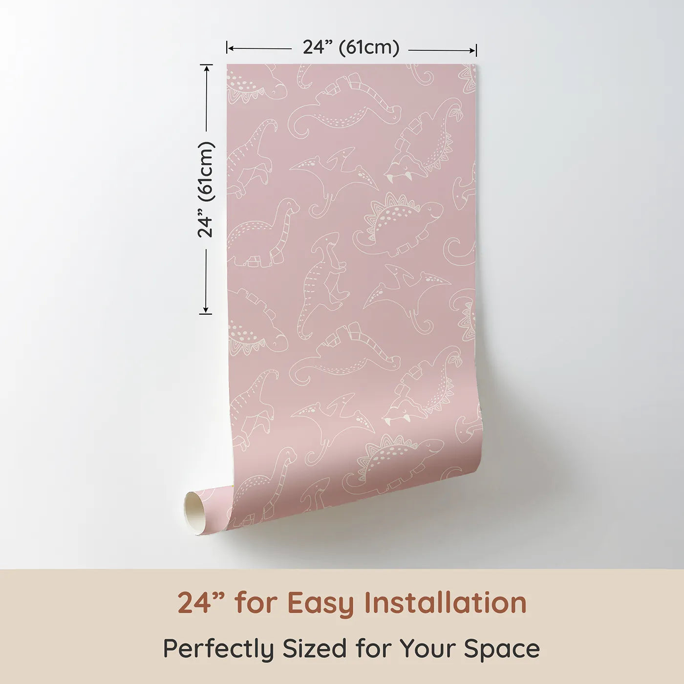 Dimension view of Whimsy Tots Dino Scribble Parade Wallpaper in Blush Pink (W3466B). Printed in 24-inch-wide panel for easy installation. Gentle dino sketches twirl across a soft blush pink sky.