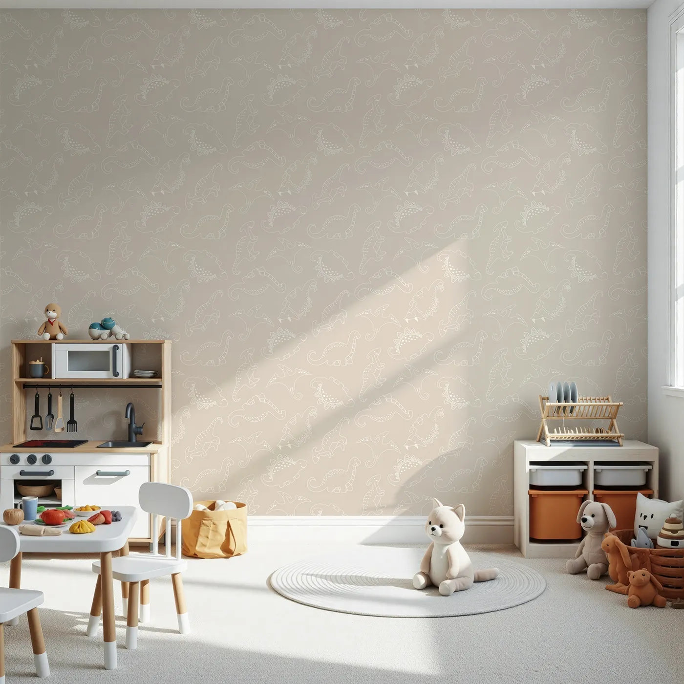 Front view of Whimsy Tots' Dino Scribble Parade Wallpaper in Beige