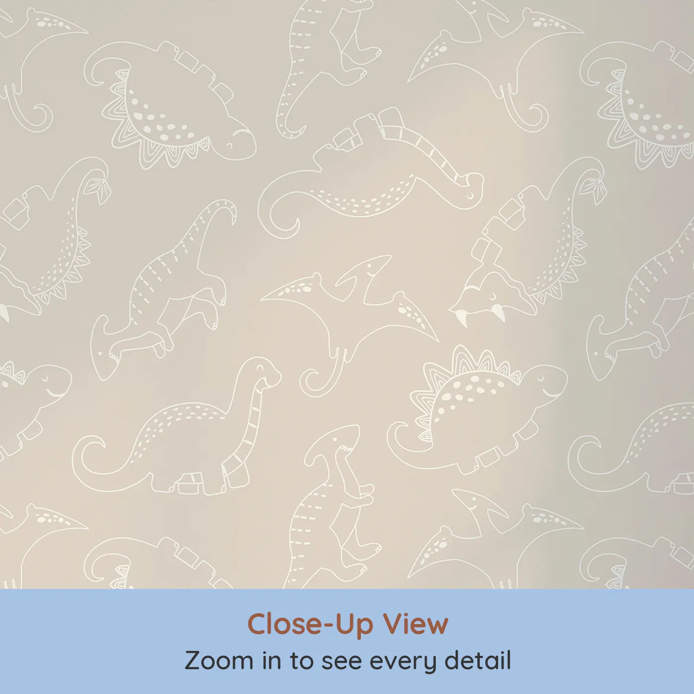 Close-up view of Whimsy Tots' Dino Scribble Parade Wallpaper in Beige (W3466C).Creamy dino sketches drift gently across a warm beige sky.