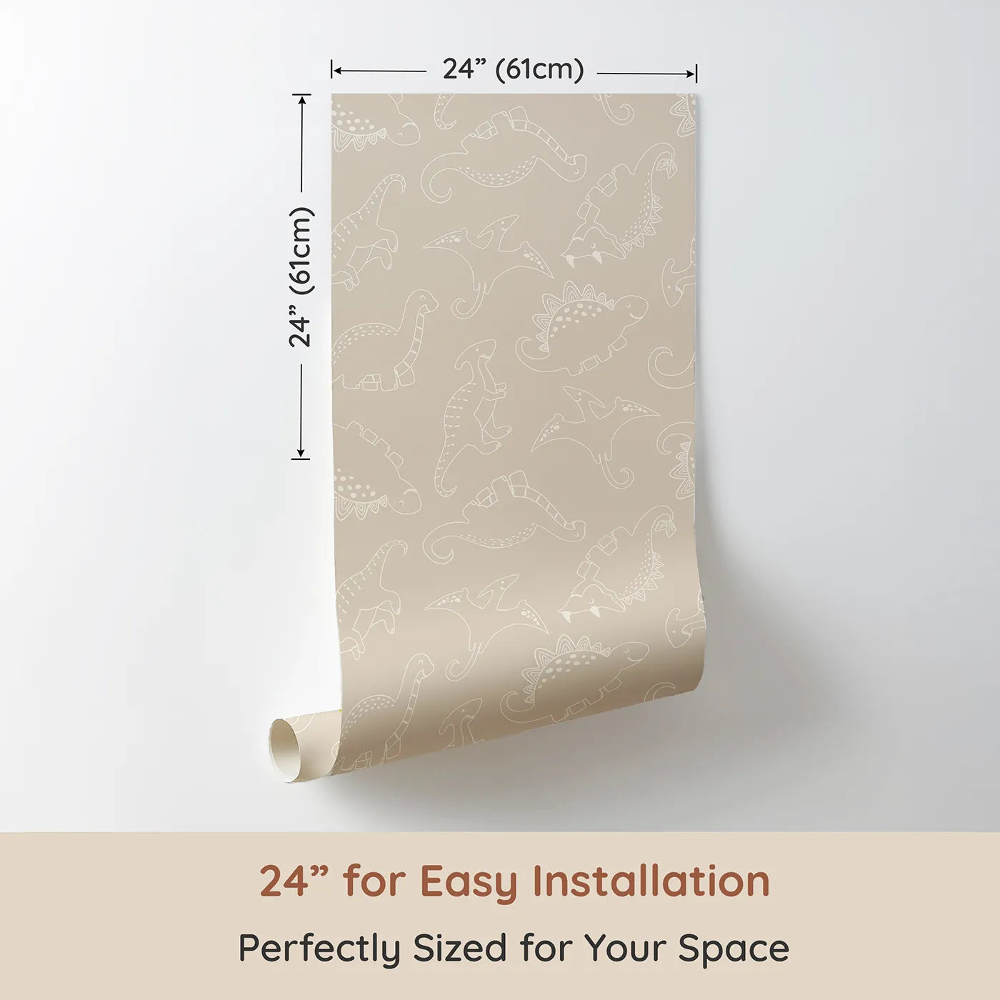 Dimension view of Whimsy Tots Dino Scribble Parade Wallpaper in Beige (W3466C). Printed in 24-inch-wide panel for easy installation. Creamy dino sketches drift gently across a warm beige sky.