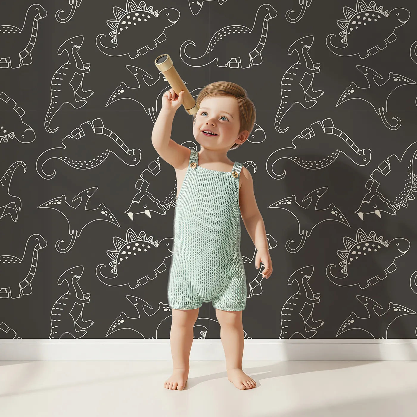 Lovely child standing in front of Whimsy Tots Dino Scribble Parade Wallpaper in Charcoal Gray with dinosaur, stegosaurus, triceratops, pterosaur in design.