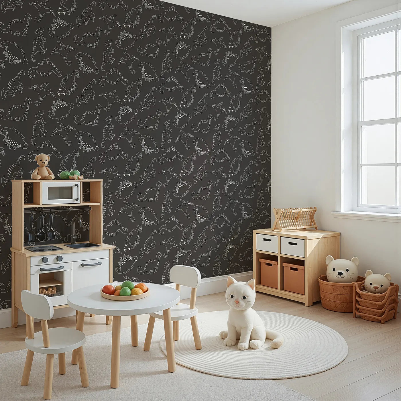 Angled view of Whimsy Tots' Dino Scribble Parade Wallpaper in Charcoal Gray (W3466E).Creamy dino outlines glow softly on a deep charcoal backdrop.