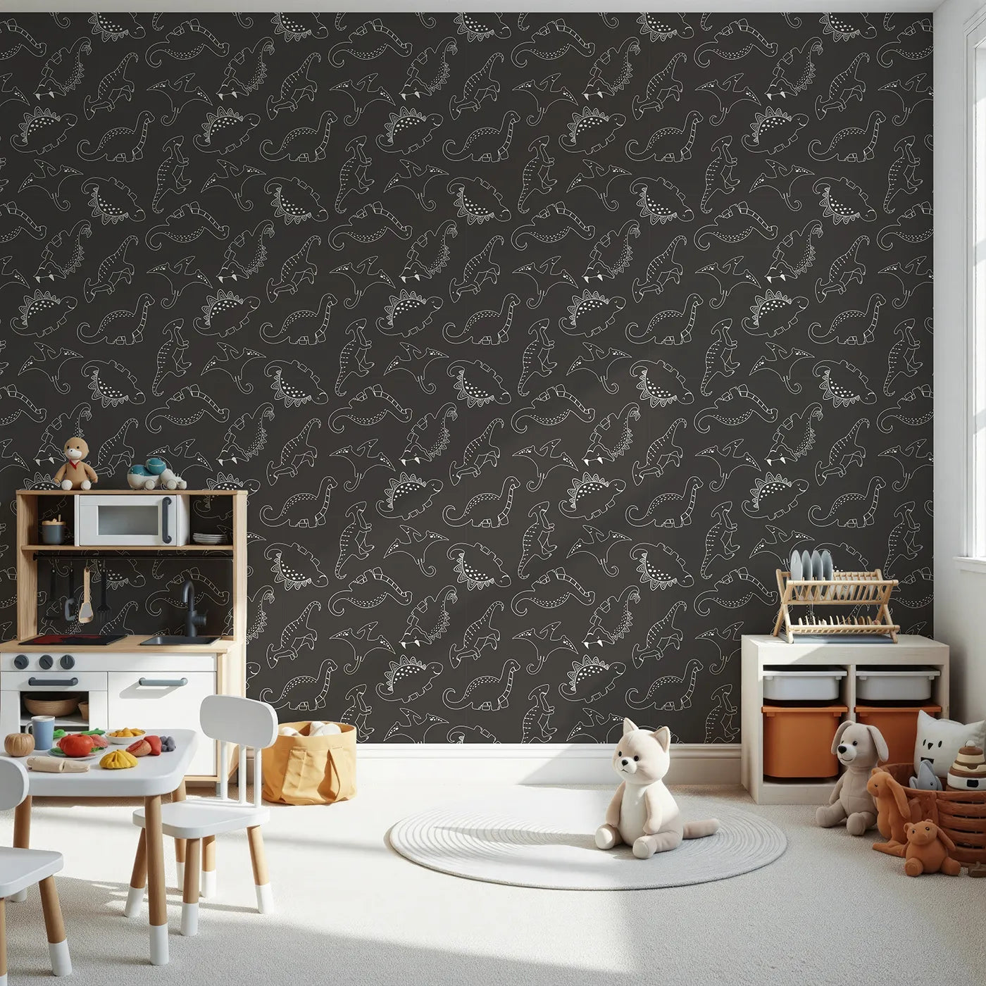 Front view of Whimsy Tots' Dino Scribble Parade Wallpaper in Charcoal Gray