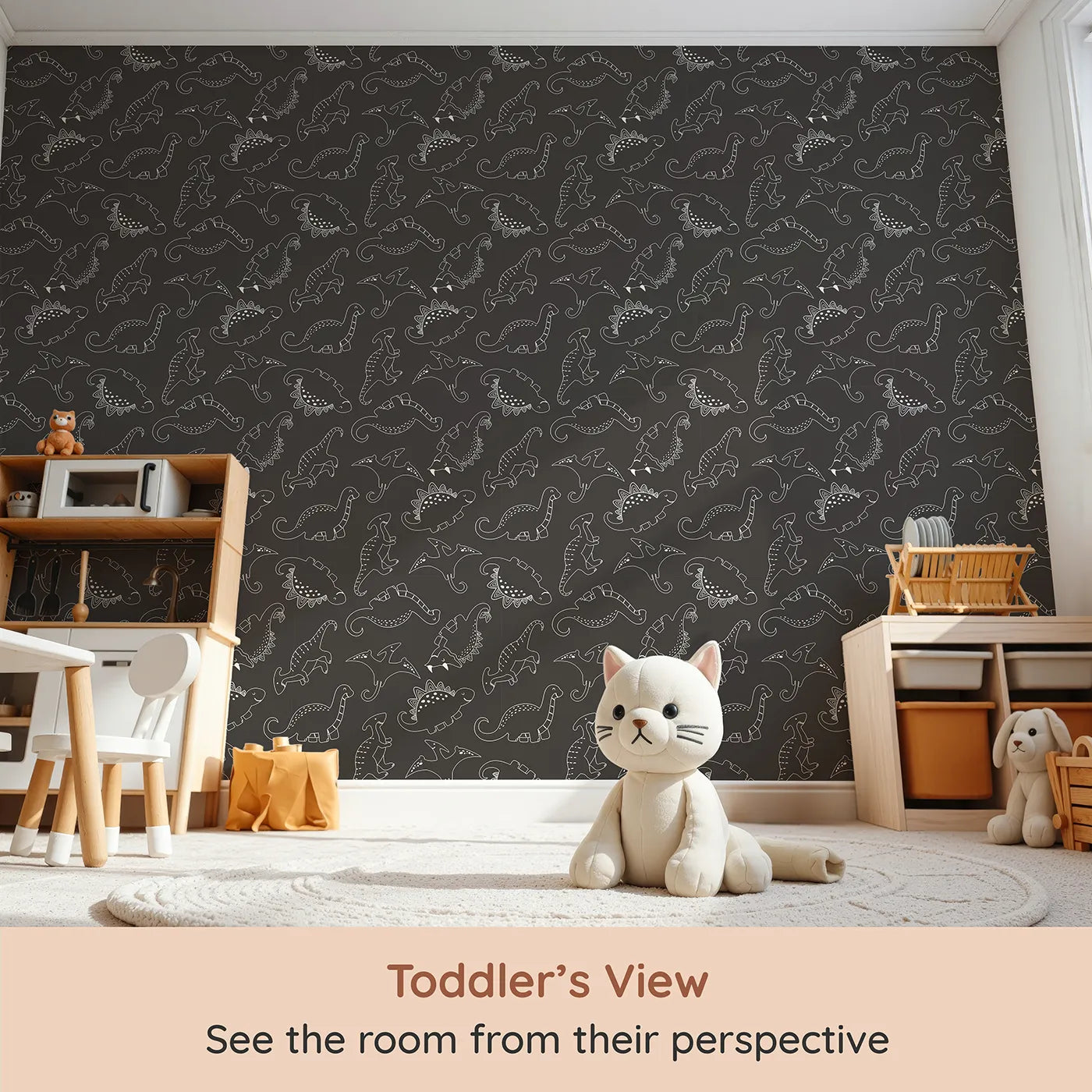 Whimsy Tots Dino Scribble Parade Wallpaper in Charcoal Gray (W3466E) from your child's view.Creamy dino outlines glow softly on a deep charcoal backdrop.