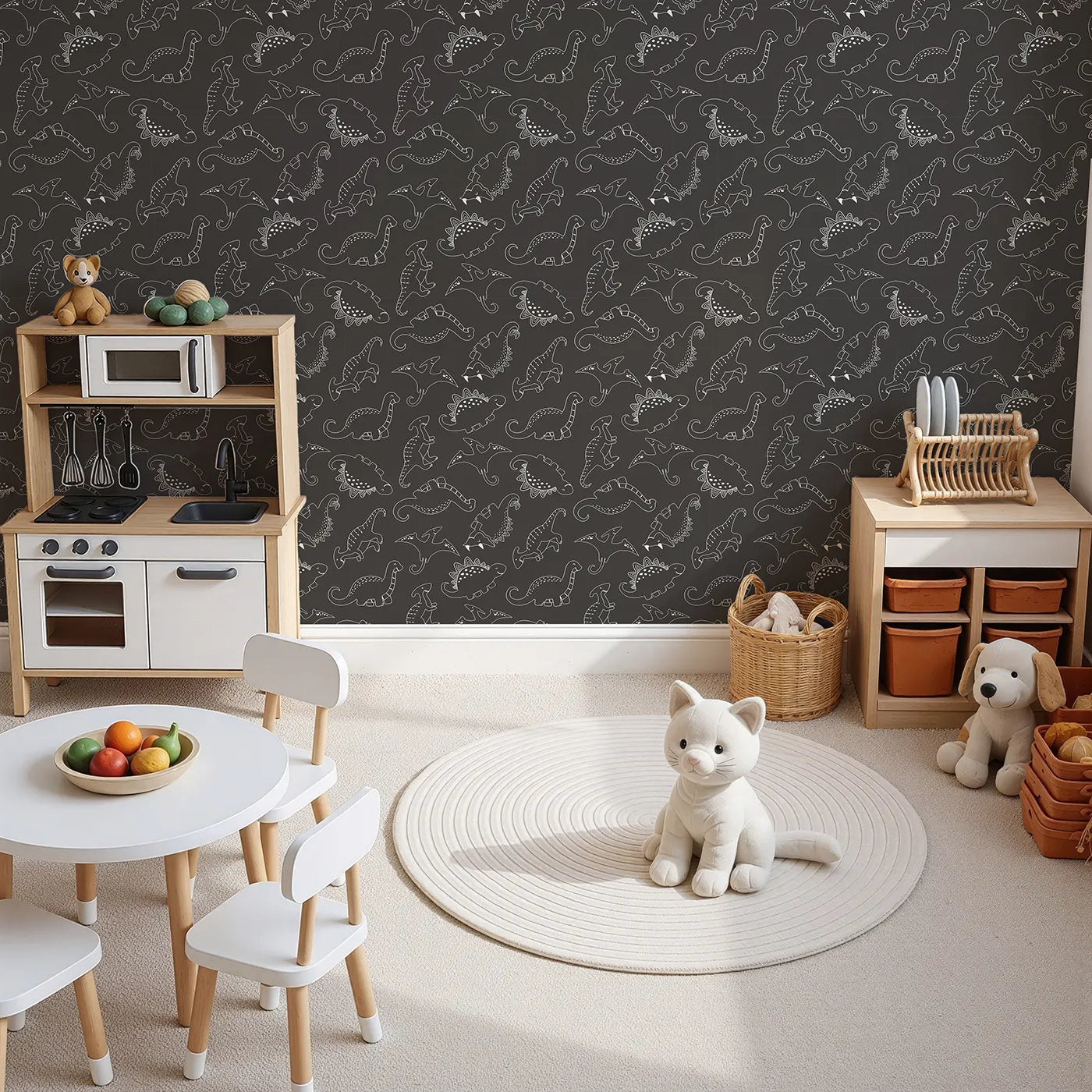 Top-Down view of Whimsy Tots' Dino Scribble Parade Wallpaper in Charcoal Gray (W3466E).Creamy dino outlines glow softly on a deep charcoal backdrop.