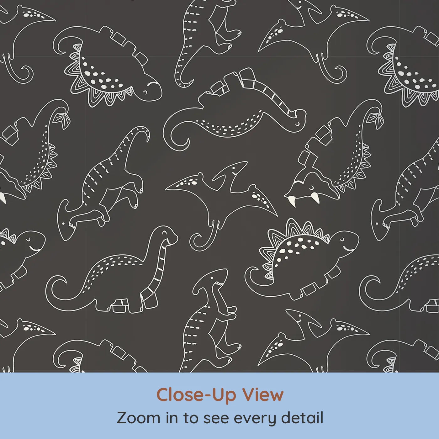Close-up view of Whimsy Tots' Dino Scribble Parade Wallpaper in Charcoal Gray (W3466E).Creamy dino outlines glow softly on a deep charcoal backdrop.