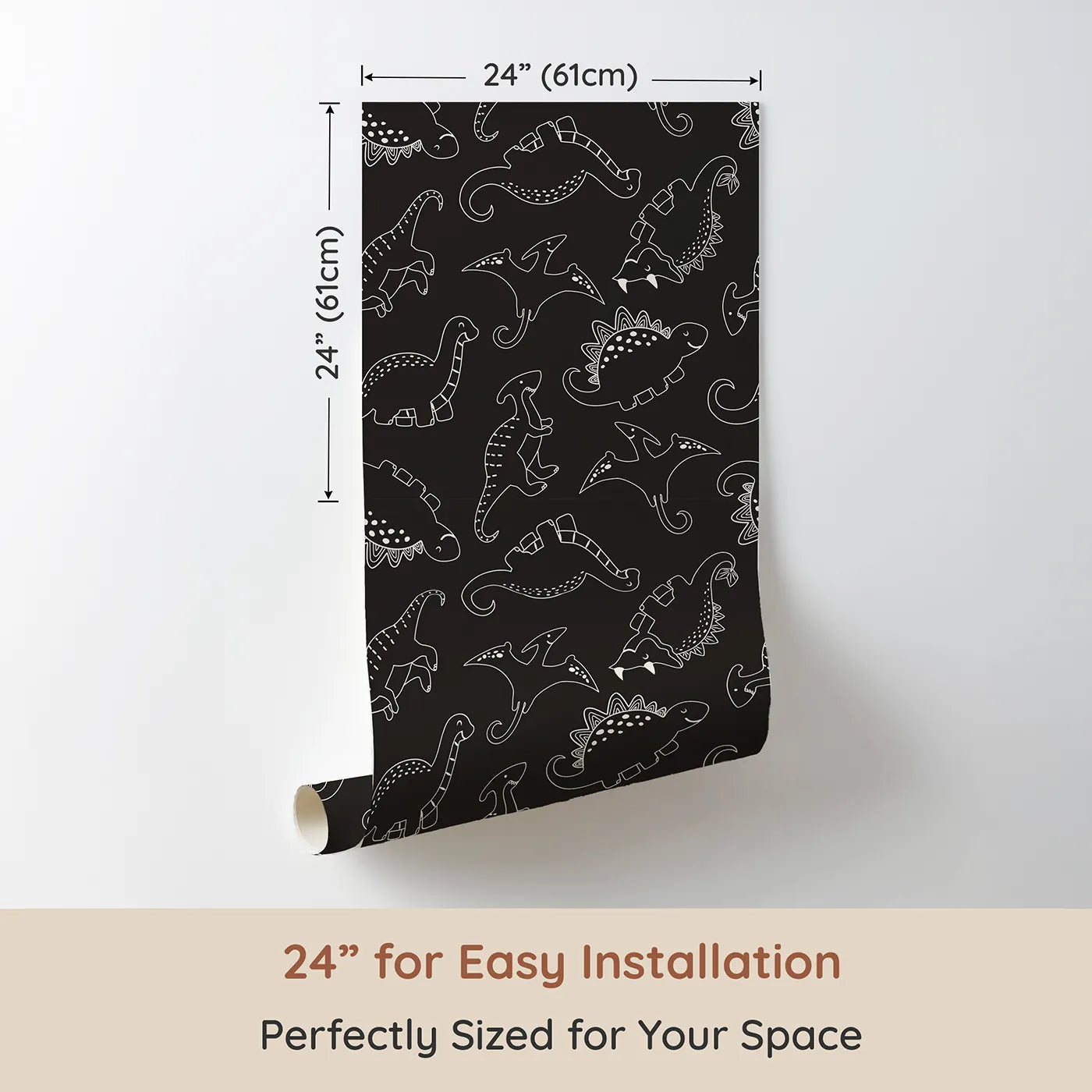 Dimension view of Whimsy Tots Dino Scribble Parade Wallpaper in Charcoal Gray (W3466E). Printed in 24-inch-wide panel for easy installation. Creamy dino outlines glow softly on a deep charcoal backdrop.