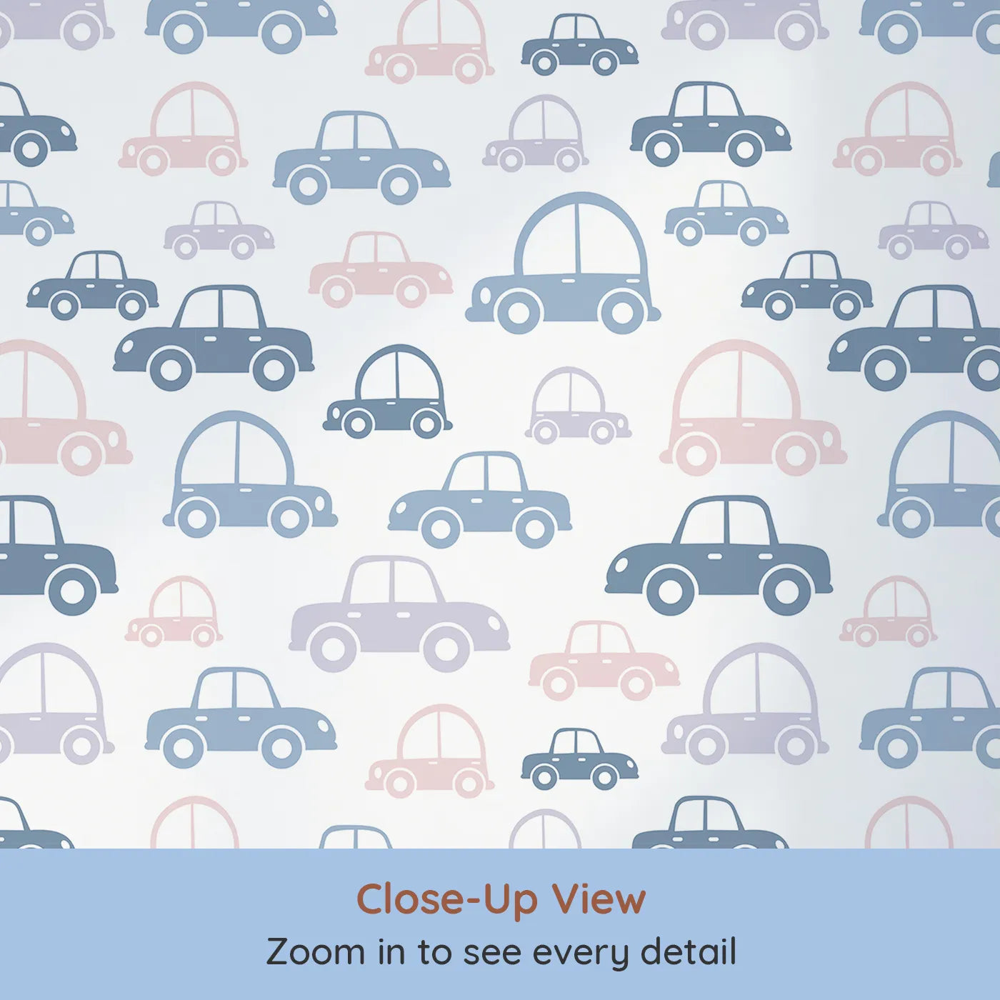 Close-up view of Whimsy Tots' Tiny Toot Toot Cars Wallpaper in Soft Mix (W3467A).Colorful little cars zoom gently across a clean white sky.