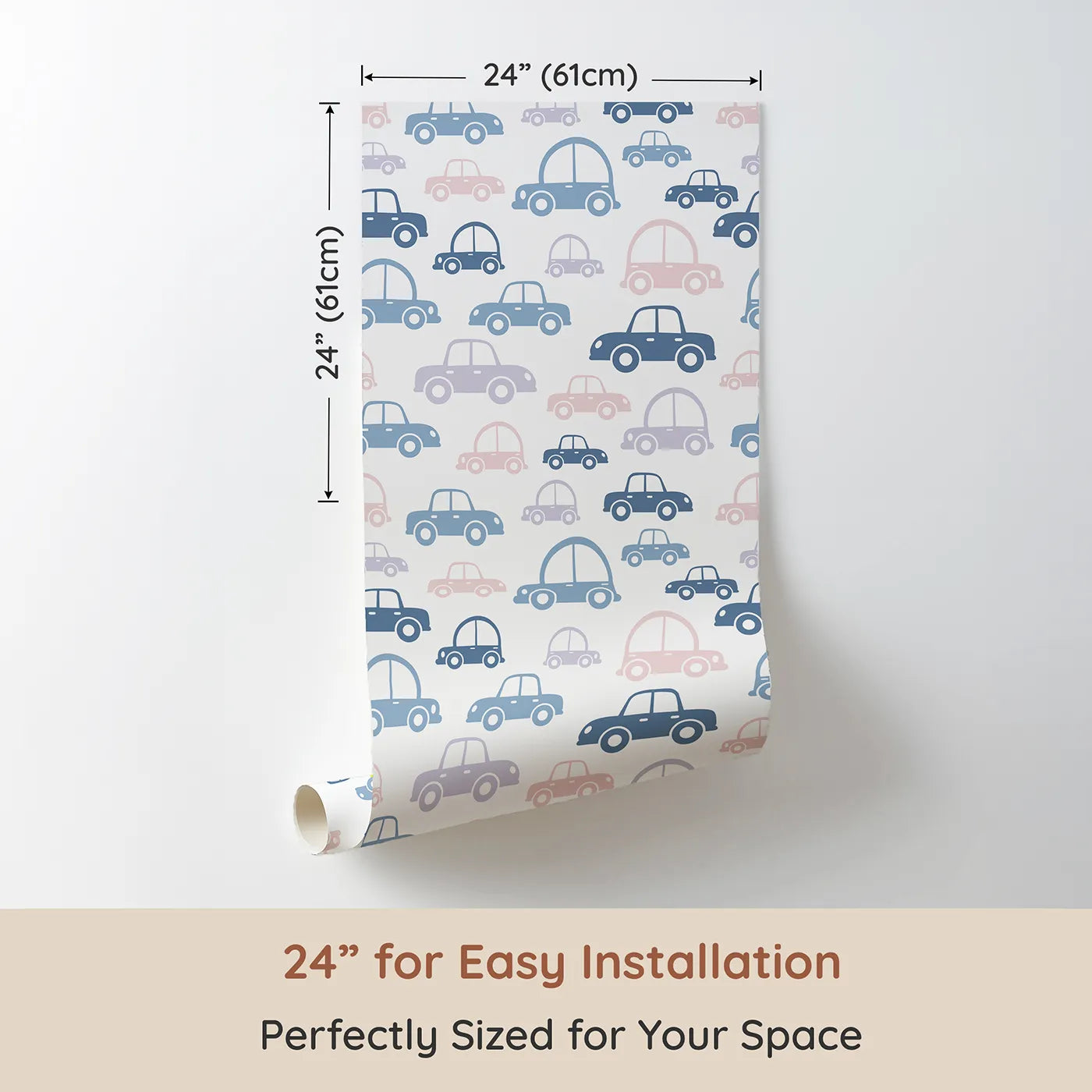 Dimension view of Whimsy Tots Tiny Toot Toot Cars Wallpaper in Soft Mix (W3467A). Printed in 24-inch-wide panel for easy installation. Colorful little cars zoom gently across a clean white sky.