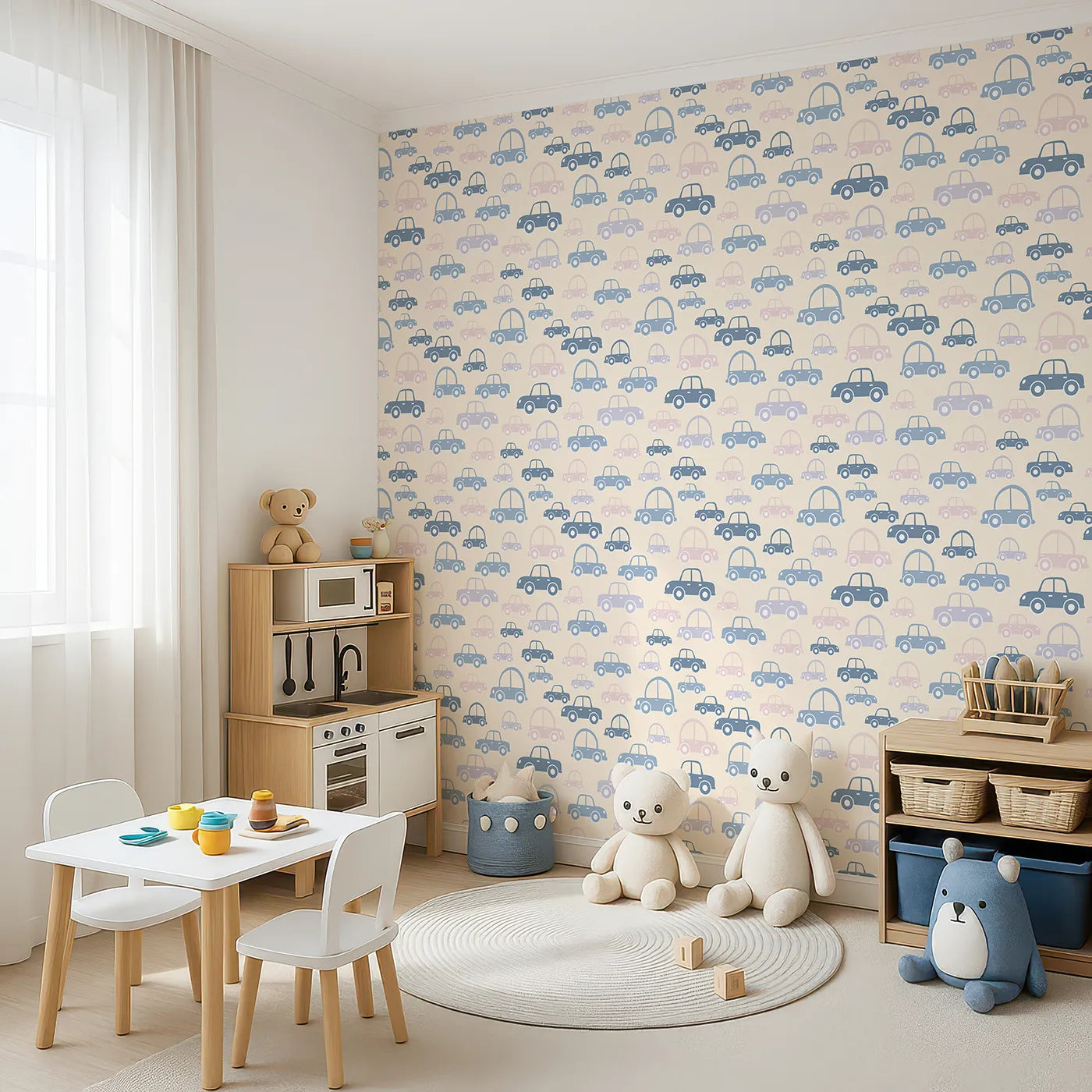 Angled view of Whimsy Tots' Tiny Toot Toot Cars Wallpaper in Beige (W3467B).Pastel cars cruise across a cozy beige backdrop, ready for gentle adventures.