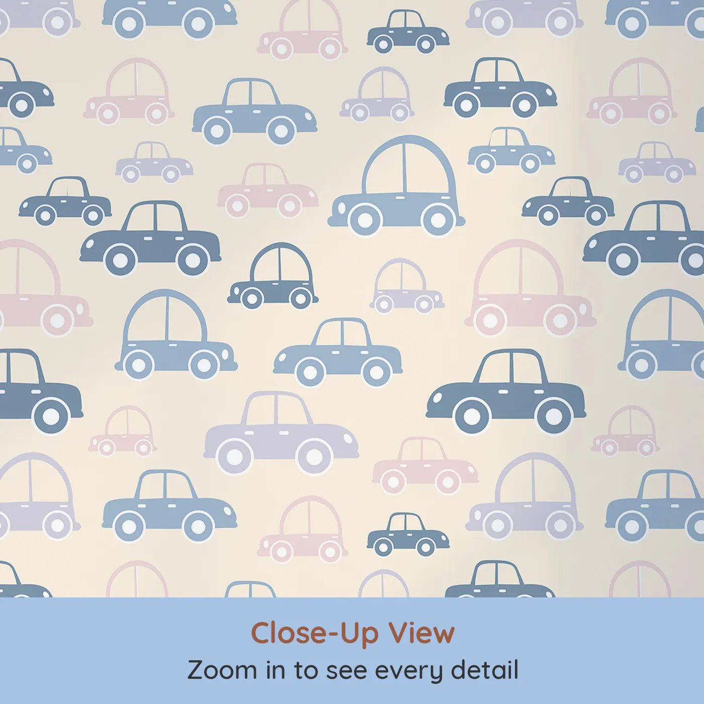 Close-up view of Whimsy Tots' Tiny Toot Toot Cars Wallpaper in Beige (W3467B).Pastel cars cruise across a cozy beige backdrop, ready for gentle adventures.
