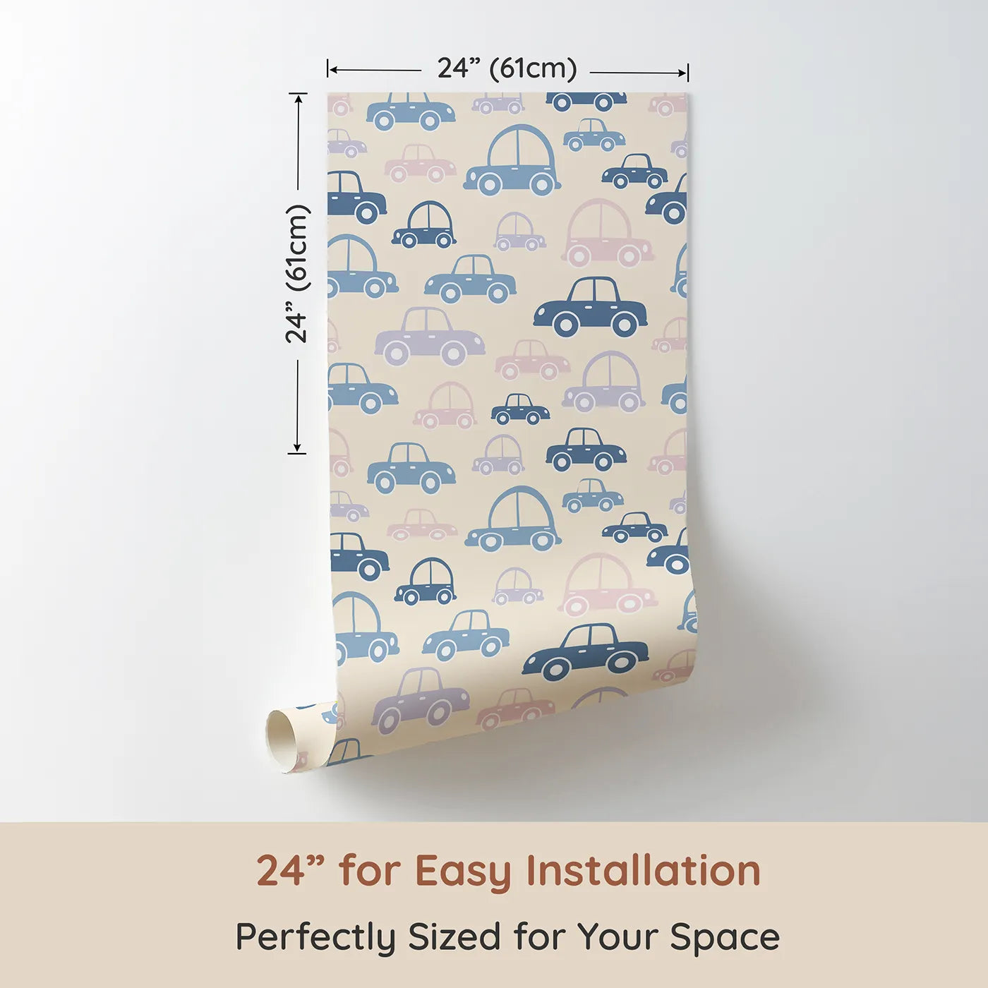 Dimension view of Whimsy Tots Tiny Toot Toot Cars Wallpaper in Beige (W3467B). Printed in 24-inch-wide panel for easy installation. Pastel cars cruise across a cozy beige backdrop, ready for gentle adventures.