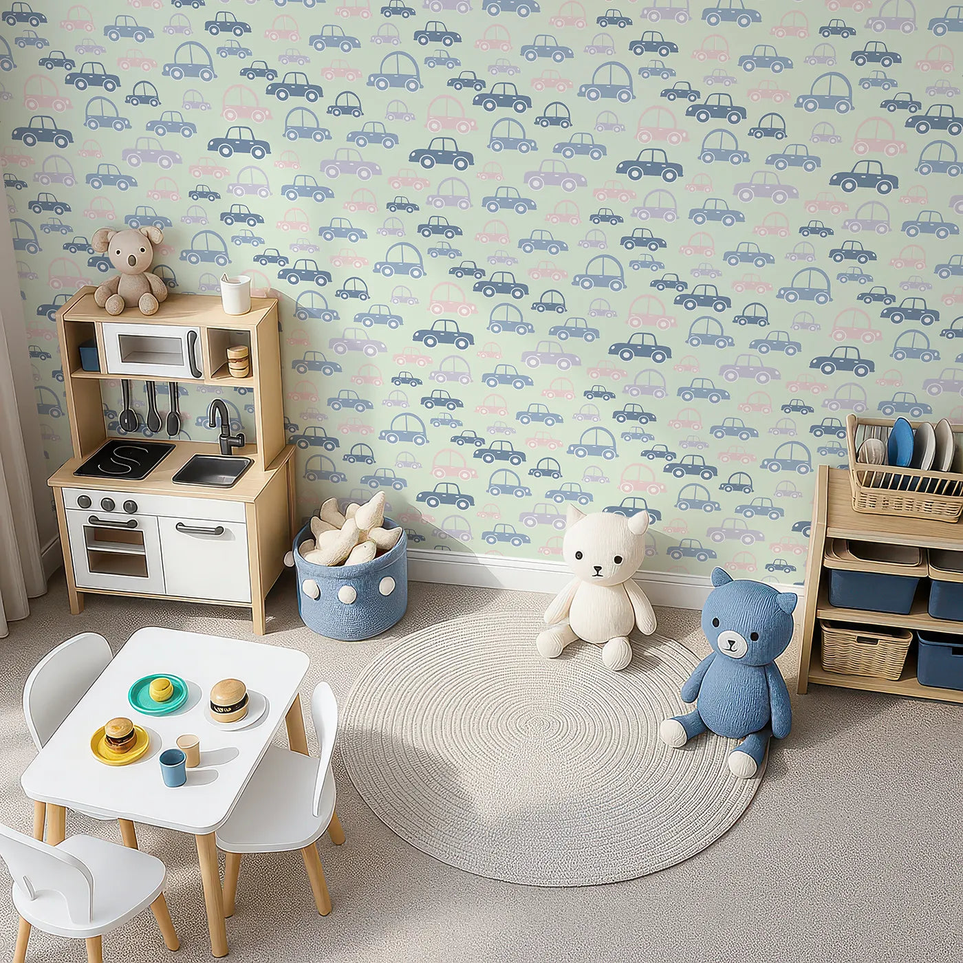 Top-Down view of Whimsy Tots' Tiny Toot Toot Cars Wallpaper in Sage Green (W3467C).Pastel cars drive gently across a dreamy sage green landscape.