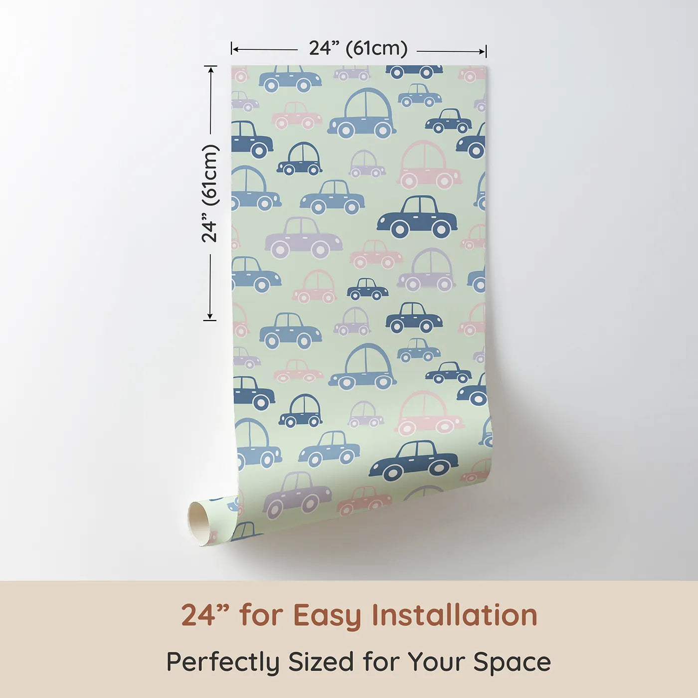 Dimension view of Whimsy Tots Tiny Toot Toot Cars Wallpaper in Sage Green (W3467C). Printed in 24-inch-wide panel for easy installation. Pastel cars drive gently across a dreamy sage green landscape.