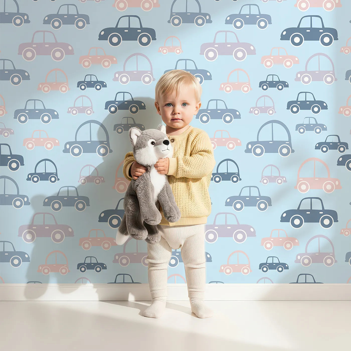 Lovely child standing in front of Whimsy Tots Tiny Toot Toot Cars Wallpaper in Blue with car, vehicle, pastel, transportation in design.