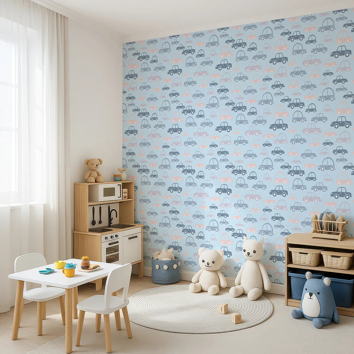 Angled view of Whimsy Tots' Tiny Toot Toot Cars Wallpaper in Blue (W3467D).Pastel cars zoom playfully across a breezy blue background.
