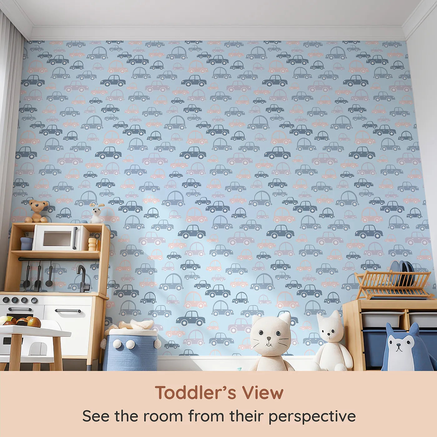 Whimsy Tots Tiny Toot Toot Cars Wallpaper in Blue (W3467D) from your child's view.Pastel cars zoom playfully across a breezy blue background.