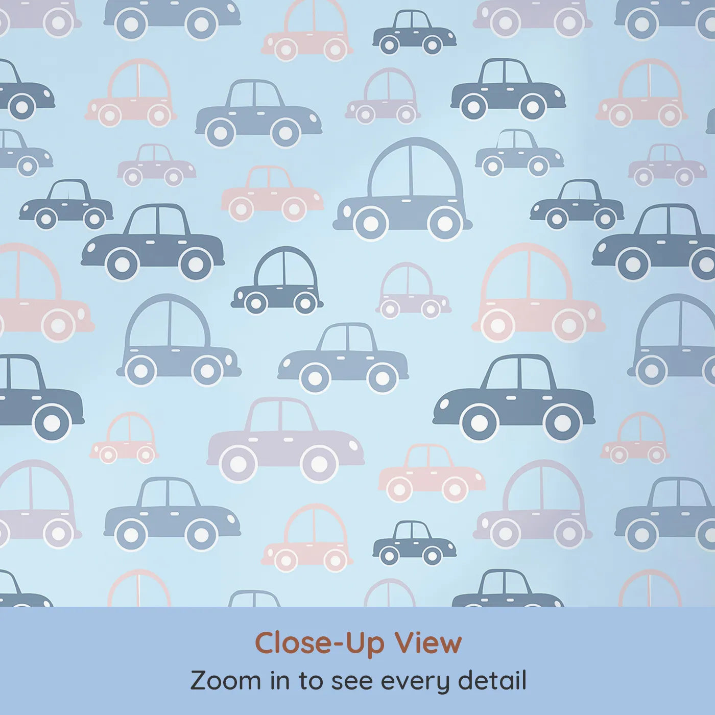 Close-up view of Whimsy Tots' Tiny Toot Toot Cars Wallpaper in Blue (W3467D).Pastel cars zoom playfully across a breezy blue background.
