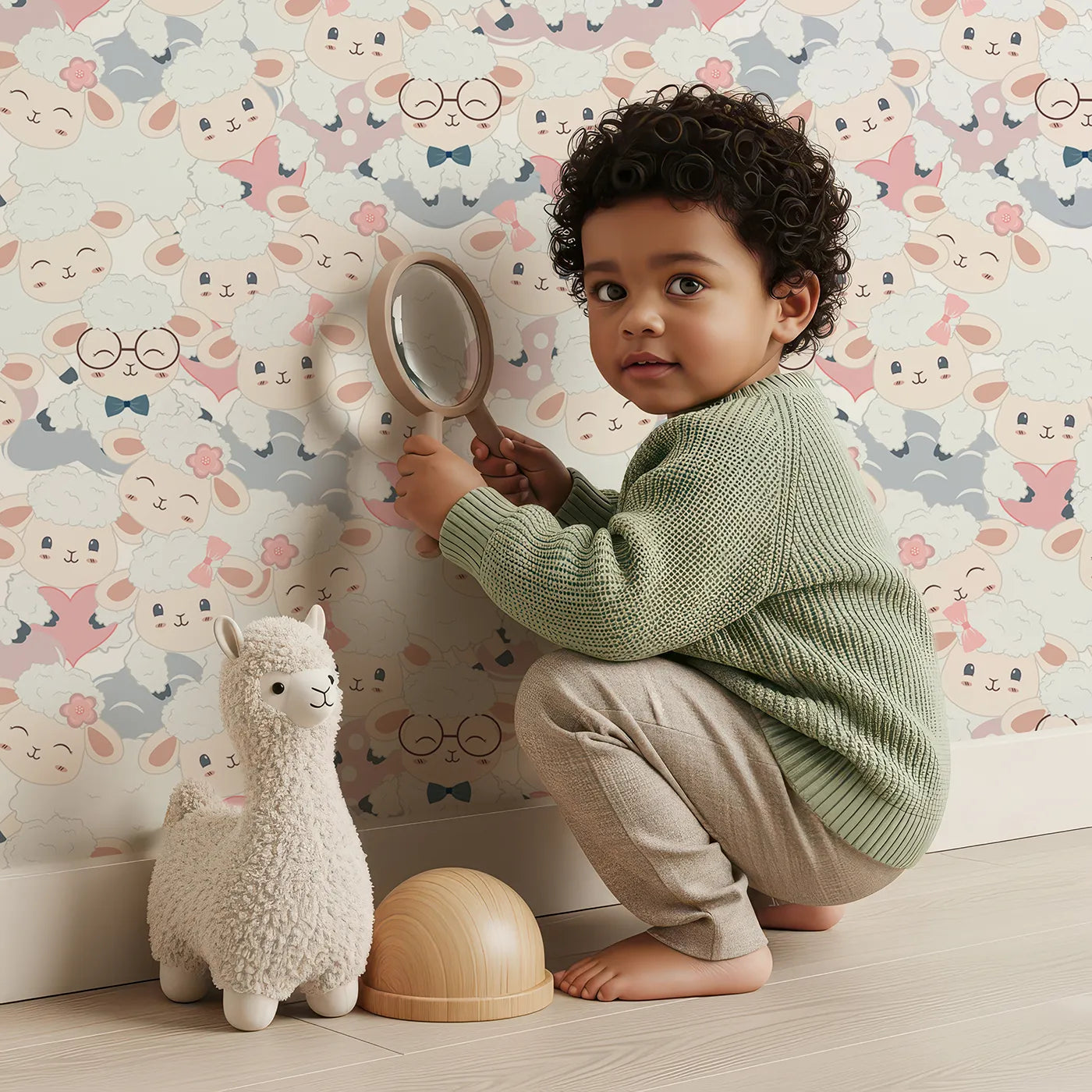 Lovely child standing in front of Whimsy Tots Fluffy Hearts Flock Wallpaper with sheep, heart, glasses, bow in design.