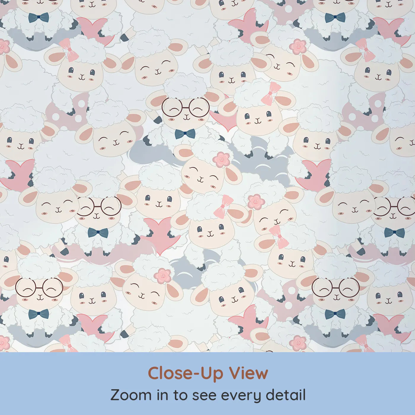 Close-up view of Whimsy Tots' Fluffy Hearts Flock Wallpaper (W3468).Smiling sheep with bows, hearts, and glasses huddle in a joyful pastel flock.