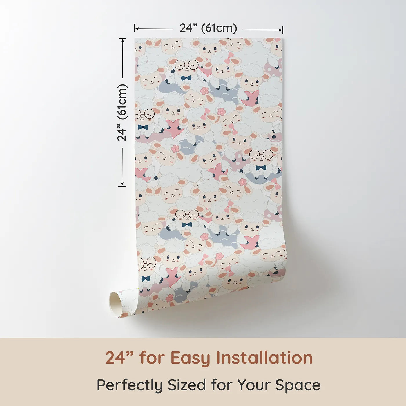 Dimension view of Whimsy Tots Fluffy Hearts Flock Wallpaper (W3468). Printed in 24-inch-wide panel for easy installation. Smiling sheep with bows, hearts, and glasses huddle in a joyful pastel flock.