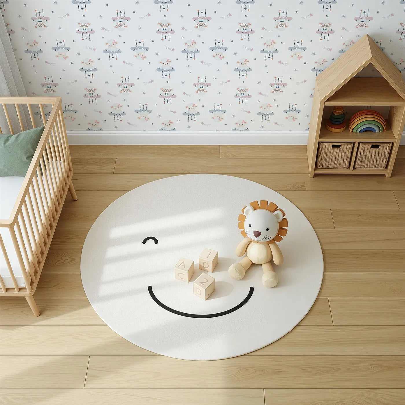 Top-Down view of Whimsy Tots' Dreamy Lamb Drops Wallpaper (W3469A).Floating lambs drift from clouds with stars and sleepy smiles.