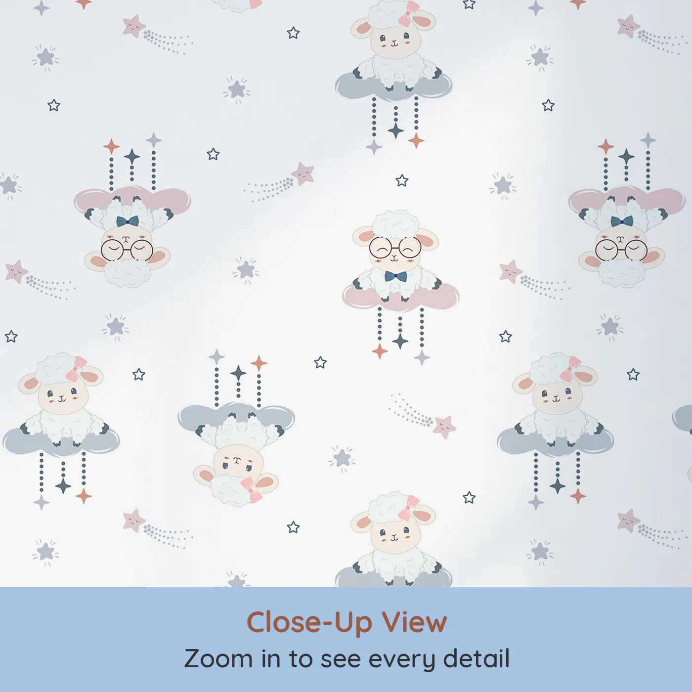 Close-up view of Whimsy Tots' Dreamy Lamb Drops Wallpaper (W3469A).Floating lambs drift from clouds with stars and sleepy smiles.