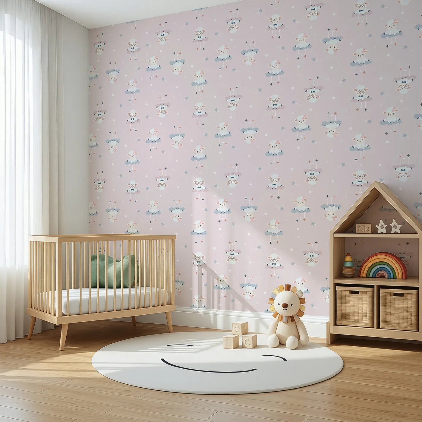 Angled view of Whimsy Tots' Dreamy Lamb Drops Wallpaper in Blush Pink (W3469B).Floating lambs and sleepy stars drift across a soft pink sky.