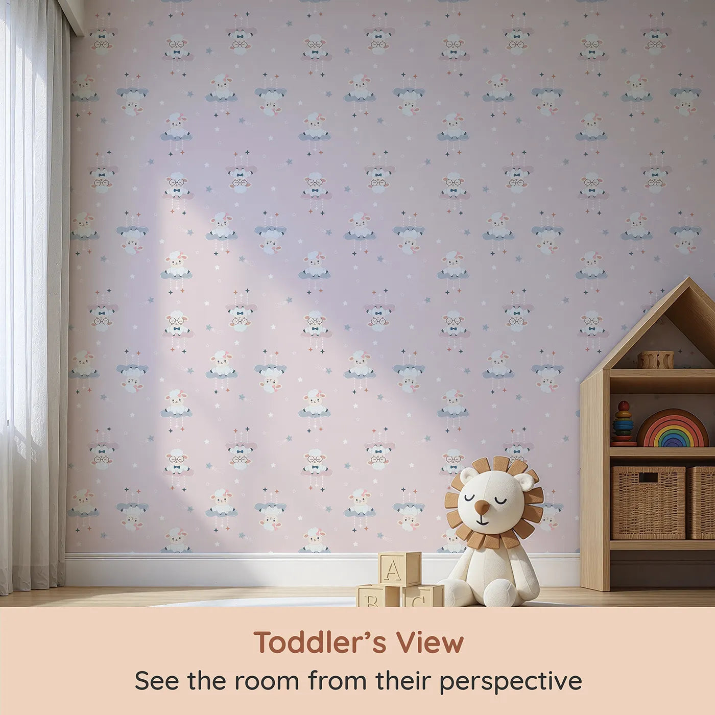 Whimsy Tots Dreamy Lamb Drops Wallpaper in Blush Pink (W3469B) from your child's view.Floating lambs and sleepy stars drift across a soft pink sky.