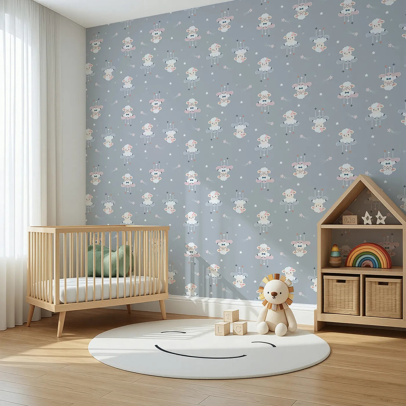 Angled view of Whimsy Tots' Dreamy Lamb Drops Wallpaper in Stormy Blue (W3469C).Gentle lambs float on clouds through a peaceful stormy blue sky.