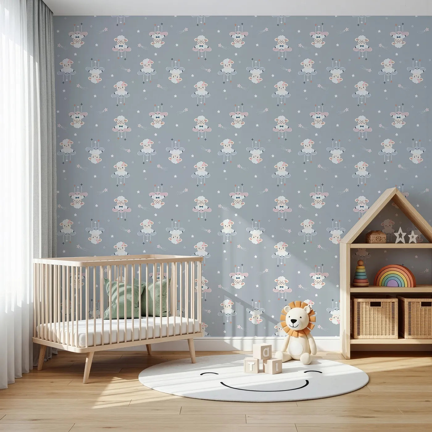 Front view of Whimsy Tots' Dreamy Lamb Drops Wallpaper in Stormy Blue