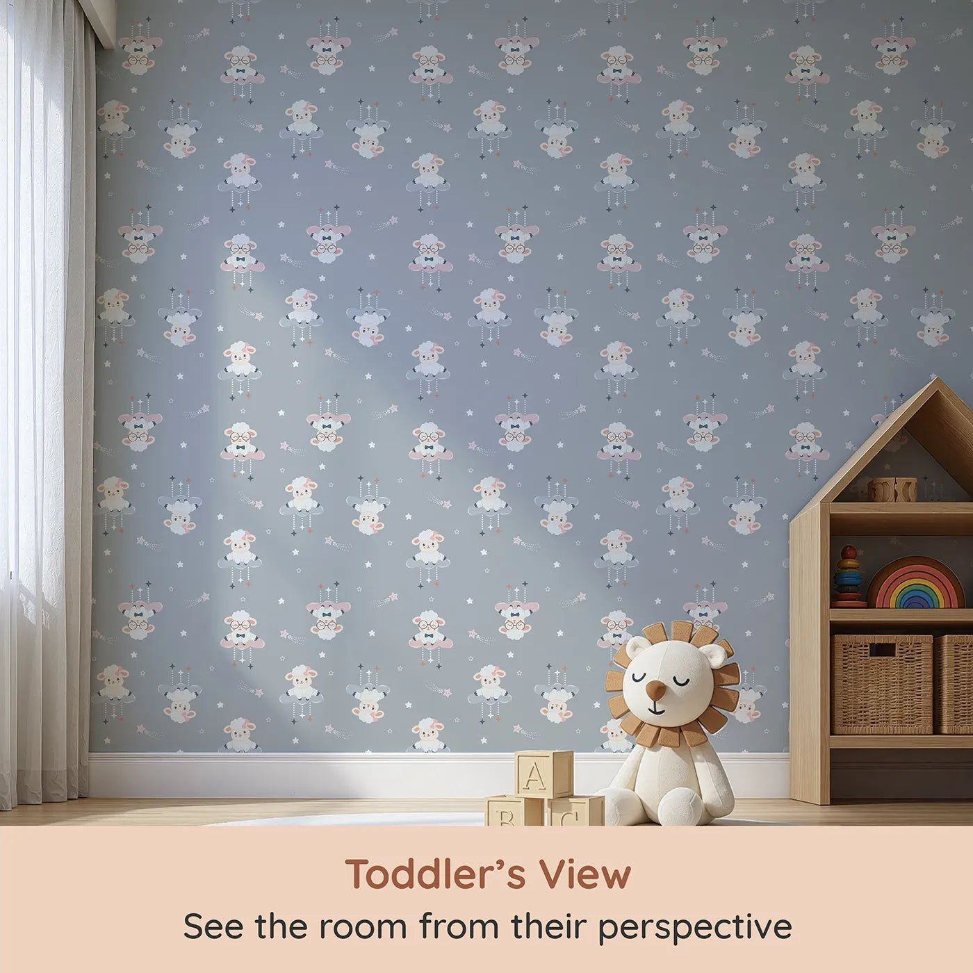 Whimsy Tots Dreamy Lamb Drops Wallpaper in Stormy Blue (W3469C) from your child's view.Gentle lambs float on clouds through a peaceful stormy blue sky.