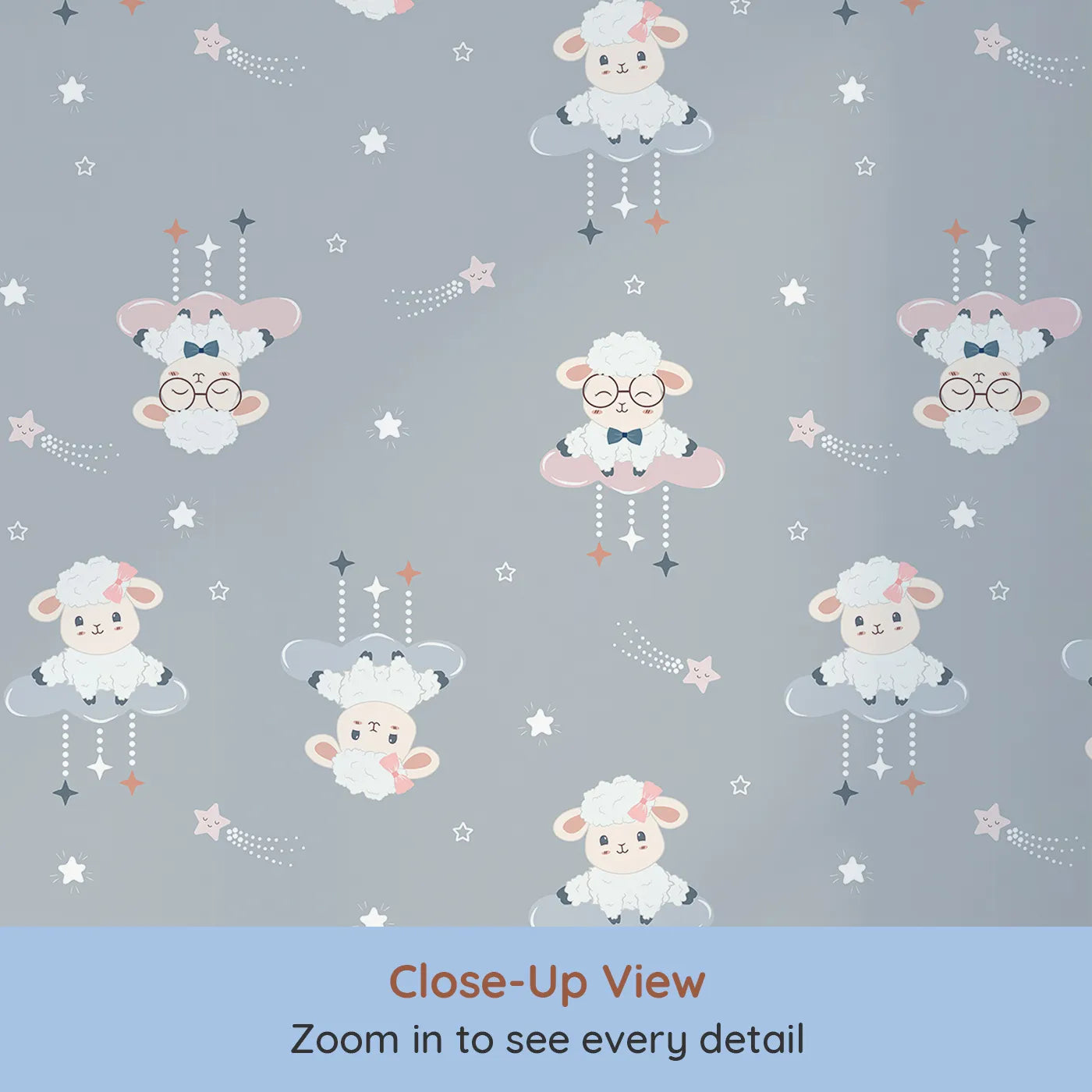 Close-up view of Whimsy Tots' Dreamy Lamb Drops Wallpaper in Stormy Blue (W3469C).Gentle lambs float on clouds through a peaceful stormy blue sky.