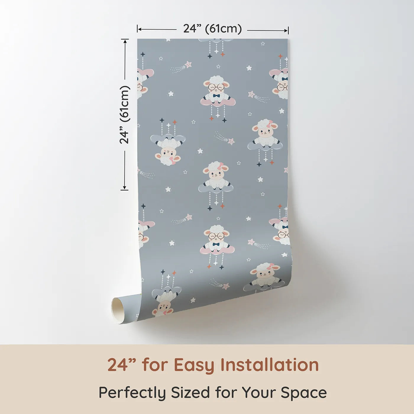 Dimension view of Whimsy Tots Dreamy Lamb Drops Wallpaper in Stormy Blue (W3469C). Printed in 24-inch-wide panel for easy installation. Gentle lambs float on clouds through a peaceful stormy blue sky.
